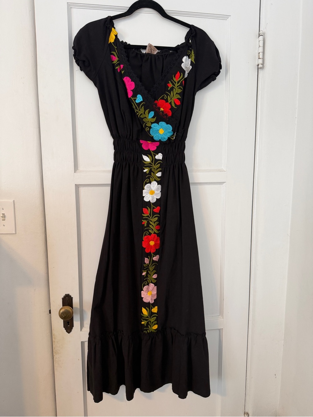 Black Embroidered Mexican Style Midi Dress with Floral Trim
